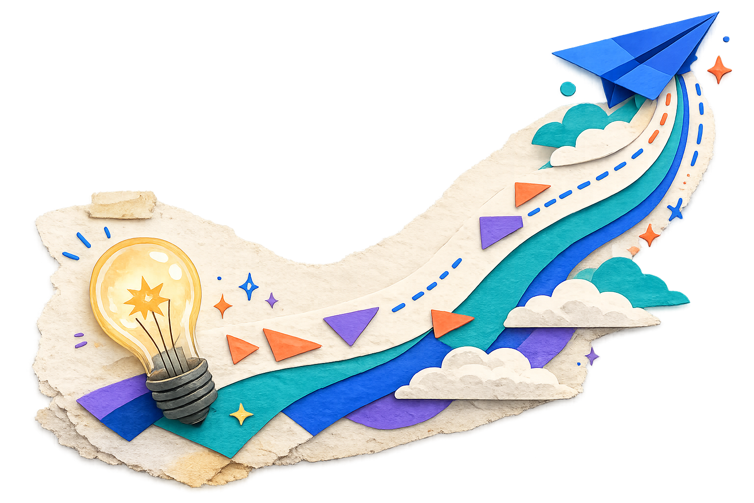 Watercolor lightbulb at the start of a winding path leading up to a paper plane