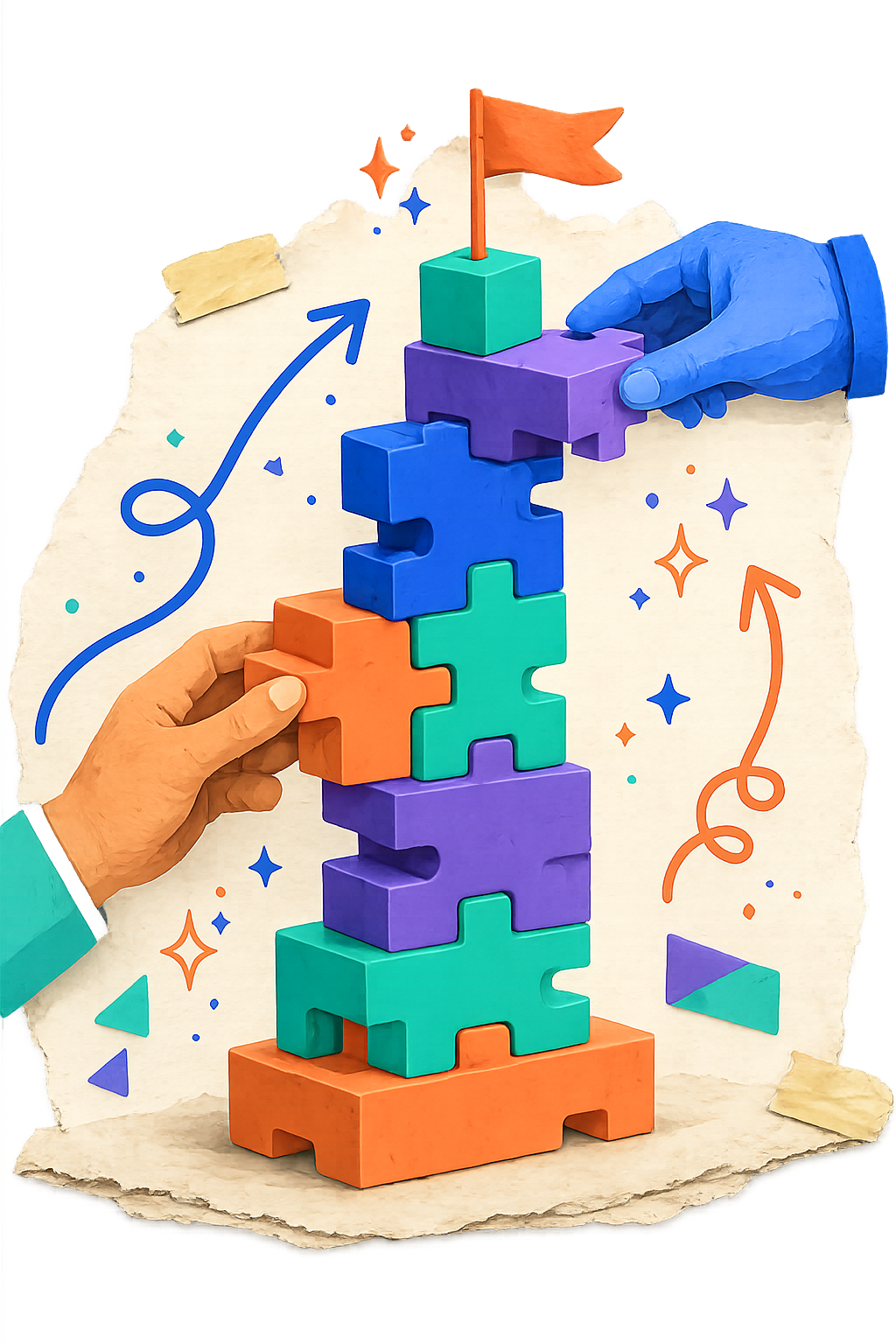 Watercolor hands stacking colorful puzzle blocks into a tower topped with a flag